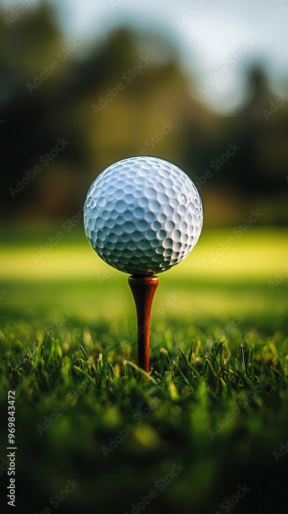 dynamic golf setup closeup of gleaming white golf ball on wooden tee sleek club head positioned to strike manicured green grass soft background blur dynamic golf setup closeup of gleaming white golf ball on wooden tee sleek club head positioned to strike manicured green grass soft background blur