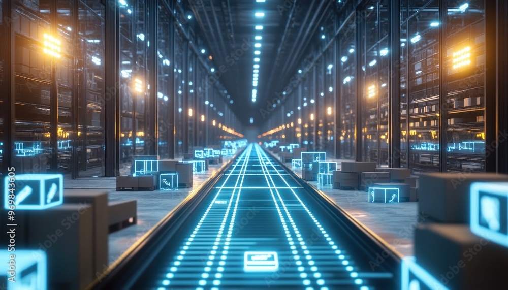 Futuristic Automated Warehouse Conveyor Belt with Blue Neon Lights and Packages Futuristic Automated Warehouse Conveyor Belt with Blue Neon Lights and Packages