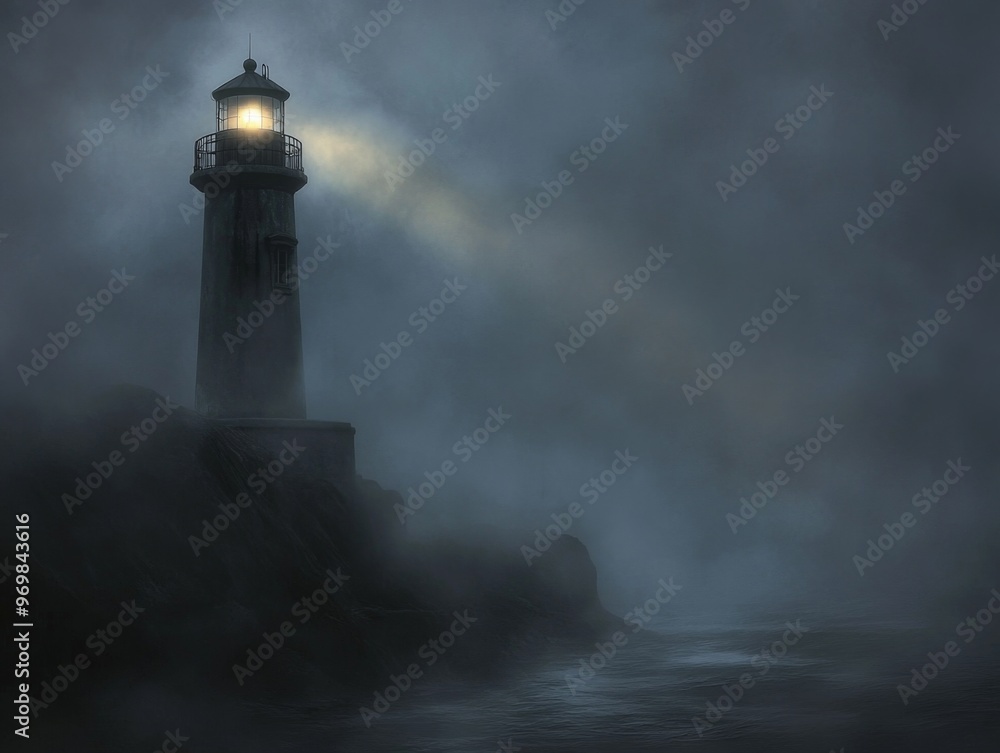 A Lone Lighthouse Illuminates the Foggy Coastline A Lone Lighthouse Illuminates the Foggy Coastline