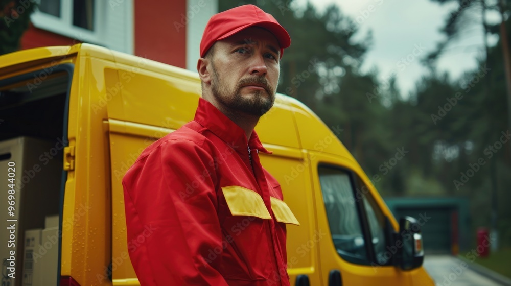 A Man in a Red Jacket and Hat Standing Next to a Delivery Van A Man in a Red Jacket and Hat Standing Next to a Delivery Van