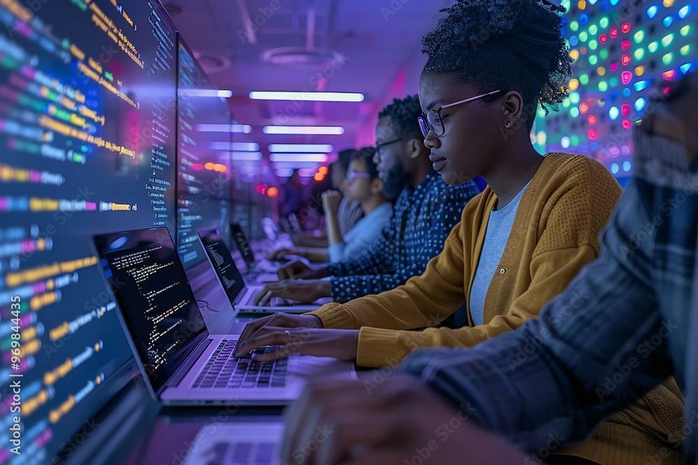 photo of a diverse team of professionals working together on laptops, coding and discussing cybersecurity measures in a modern office setting. photo of a diverse team of professionals working together on laptops, coding and discussing cybersecurity measures in a modern office setting.