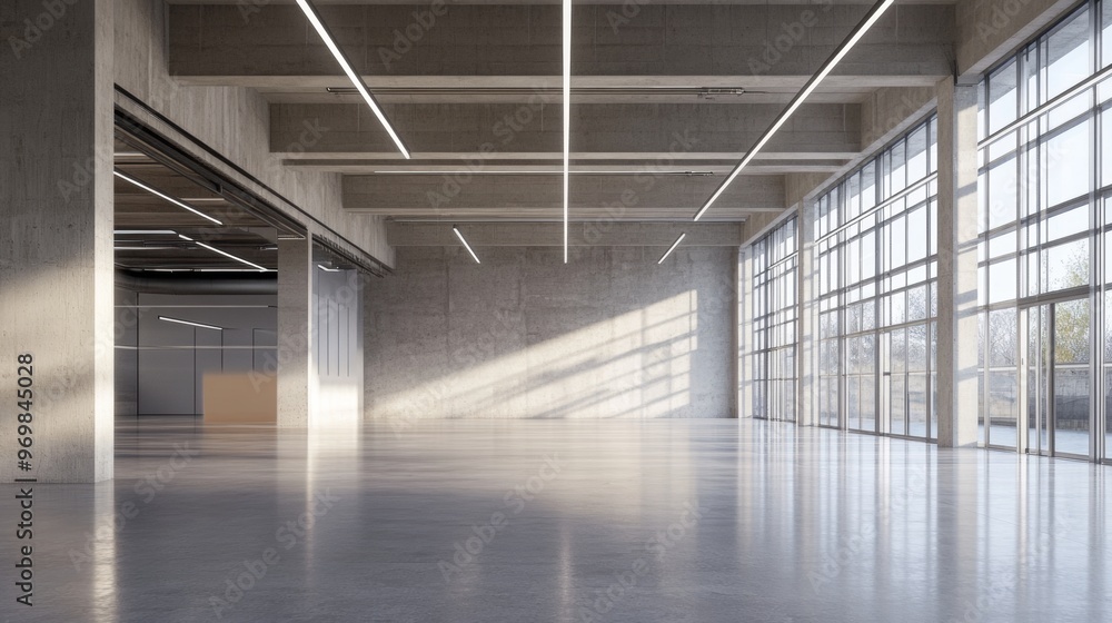 A large, empty room with a lot of windows and a lot of light A large, empty room with a lot of windows and a lot of light