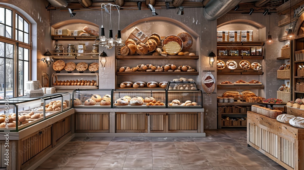Bakery section with freshly baked bread and pastries Bakery section with freshly baked bread and pastries