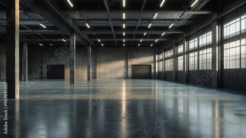 A large, empty warehouse with a lot of light shining through the windows