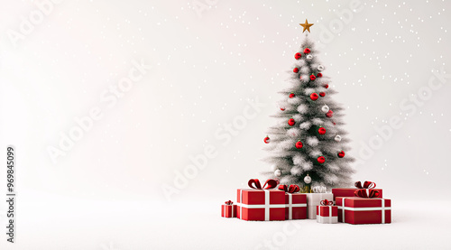 Christmas tree with gifts under. Isolated background with empty space.