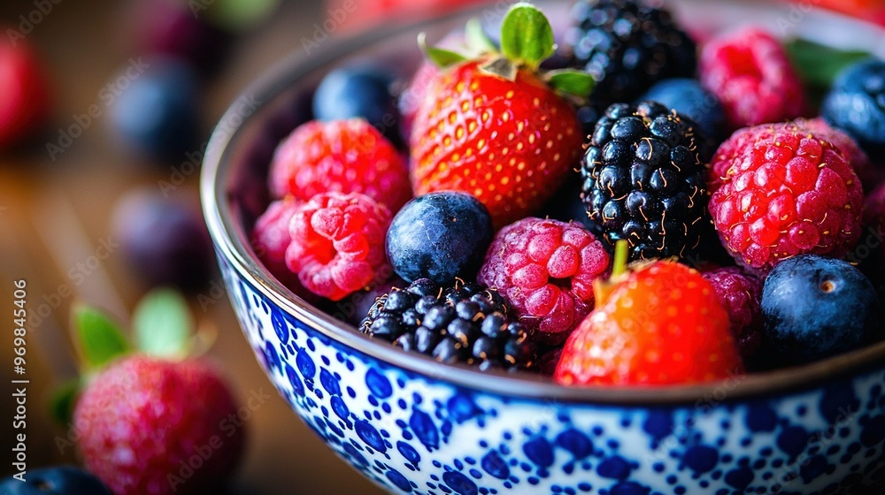 A blue and white bowl holds a mix of fresh berries and raspberries The fruit sits atop a wooden table, surrounded by the beauty of nature's colors A blue and white bowl holds a mix of fresh berries and raspberries The fruit sits atop a wooden table, surrounded by the beauty of nature's colors