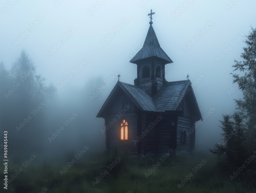 A Small Wooden Church in a Foggy Forest with a Glowing Window A Small Wooden Church in a Foggy Forest with a Glowing Window