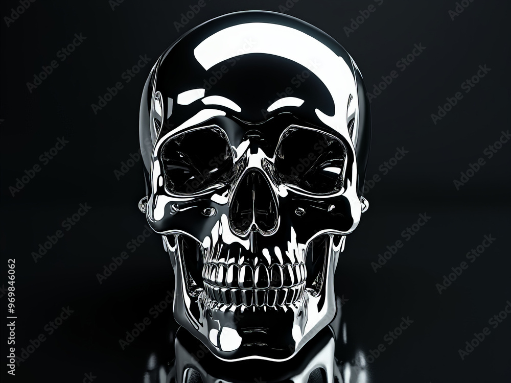 Front-facing close-up of a shiny chrome skull on a dark reflective surface, showcasing detailed reflections and metallic textures against a black background.