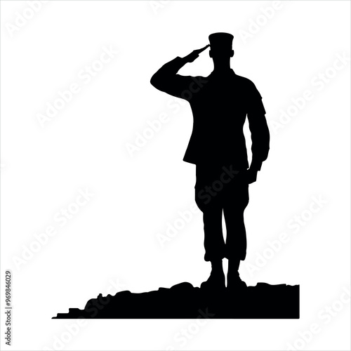 Proud saluting male army soldier on american silhouette on white background
