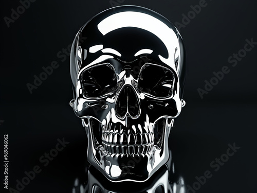 Obraz na płótnie Front-facing close-up of a shiny chrome skull on a dark reflective surface, showcasing detailed reflections and metallic textures against a black background. w salonie