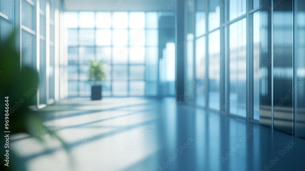 Blurred Interior of a Modern Office Building with Windows and Sunlight Blurred Interior of a Modern Office Building with Windows and Sunlight