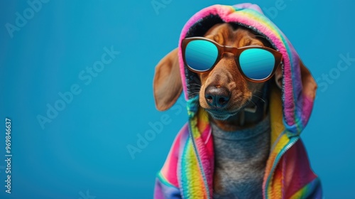 Dog in suit. Pet is dressed up in humorous, stylish suit complete with a tie for intellectual look. Trendy dog clothing for Funny humor. Dog with glasses and colorful costume. photo