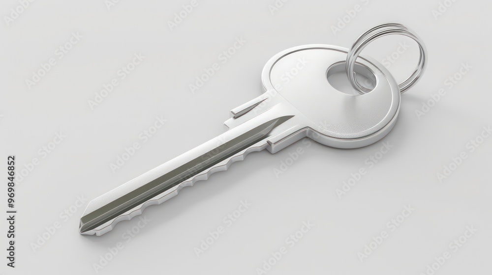 Close-up of a silver key with a key ring laying on a white surface. Close-up of a silver key with a key ring laying on a white surface.