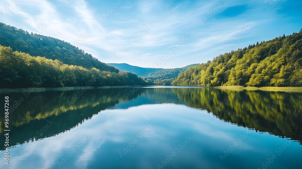 Fototapeta premium A tranquil stock photo of a calm lake surrounded by dense forest and rolling hills.