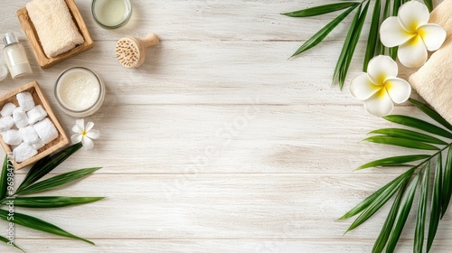 A beautiful arrangement of natural spa products on a rustic wooden surface, providing ample space for your design needs, perfect for promoting organic and clean beauty themes.