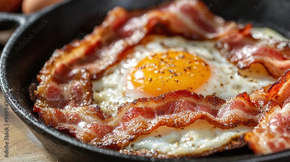 A frying pan contains bacon and an egg cooked on wood A frying pan contains bacon and an egg cooked on wood