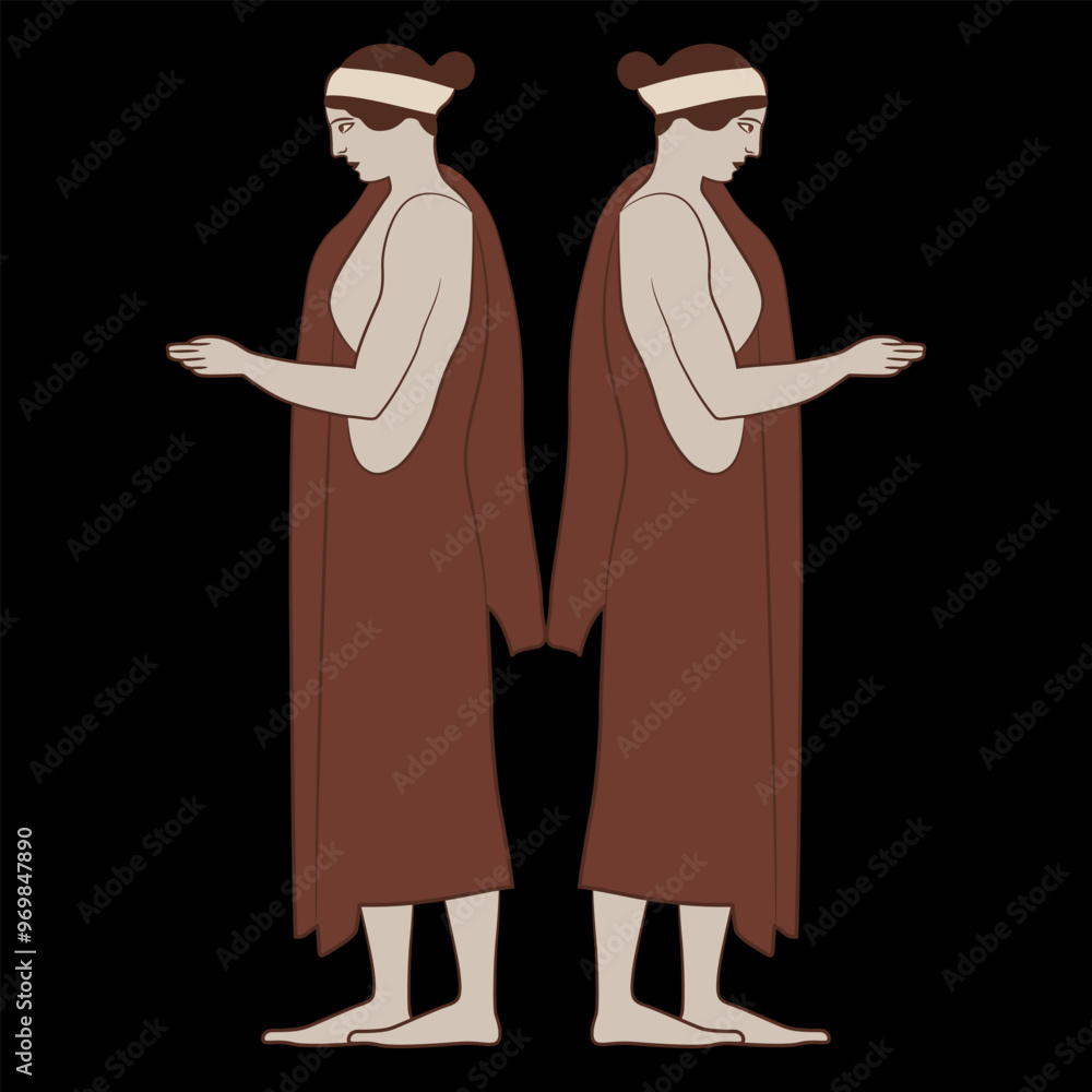 Symmetrical design with two standing Ancient Greek women in profile. Demeter and Persephone. Vase painting style. On black background. Symmetrical design with two standing Ancient Greek women in profile. Demeter and Persephone. Vase painting style. On black background.