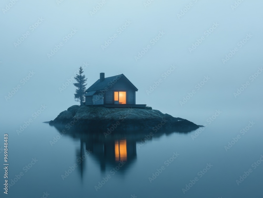 A Cabin on a Small Island in a Foggy Lake A Cabin on a Small Island in a Foggy Lake