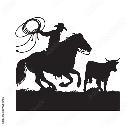 cowboy riding a horse roping a calf silhouette on white background
