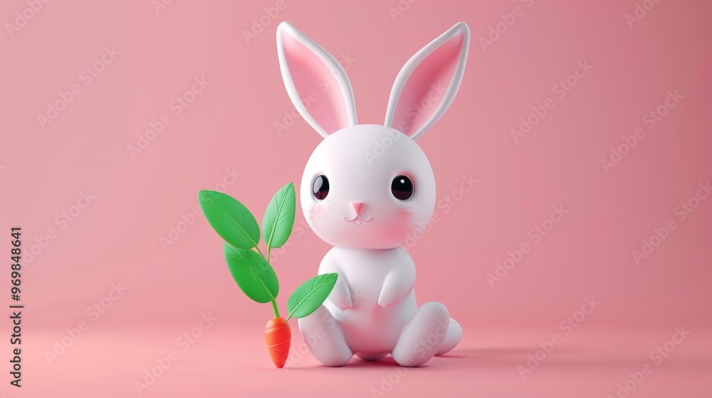 Charming 3d easter bunny character joyfully holding a carrot on a delightful peach background Charming 3d easter bunny character joyfully holding a carrot on a delightful peach background