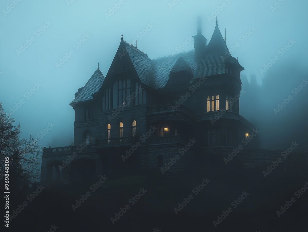 A Mysterious Victorian Mansion Shrouded in Fog A Mysterious Victorian Mansion Shrouded in Fog
