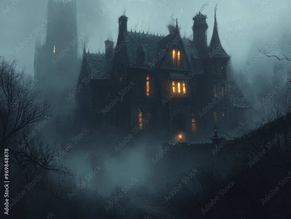 A Mysterious Gothic Mansion in a Foggy Landscape A Mysterious Gothic Mansion in a Foggy Landscape