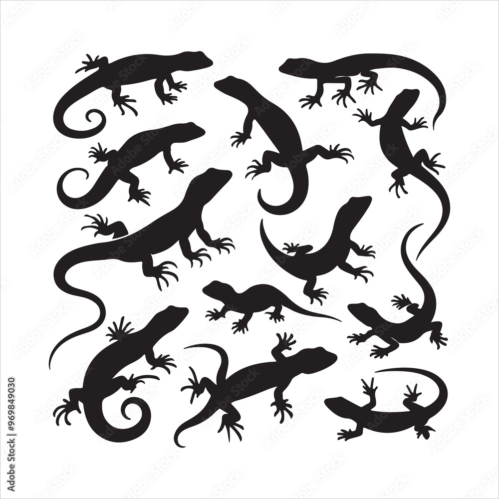 set of lizards black silhouette on white background
set of lizards black silhouette on white background