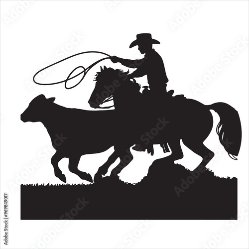 cowboy riding a horse roping a calf silhouette on white background
