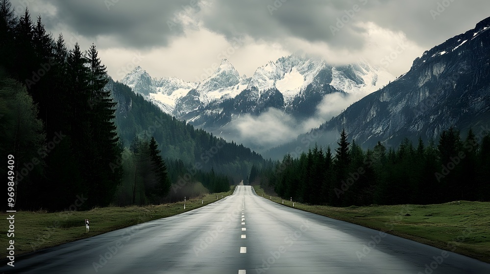 Fototapeta premium Road with pine trees and mountains in the background, nature s grandeur