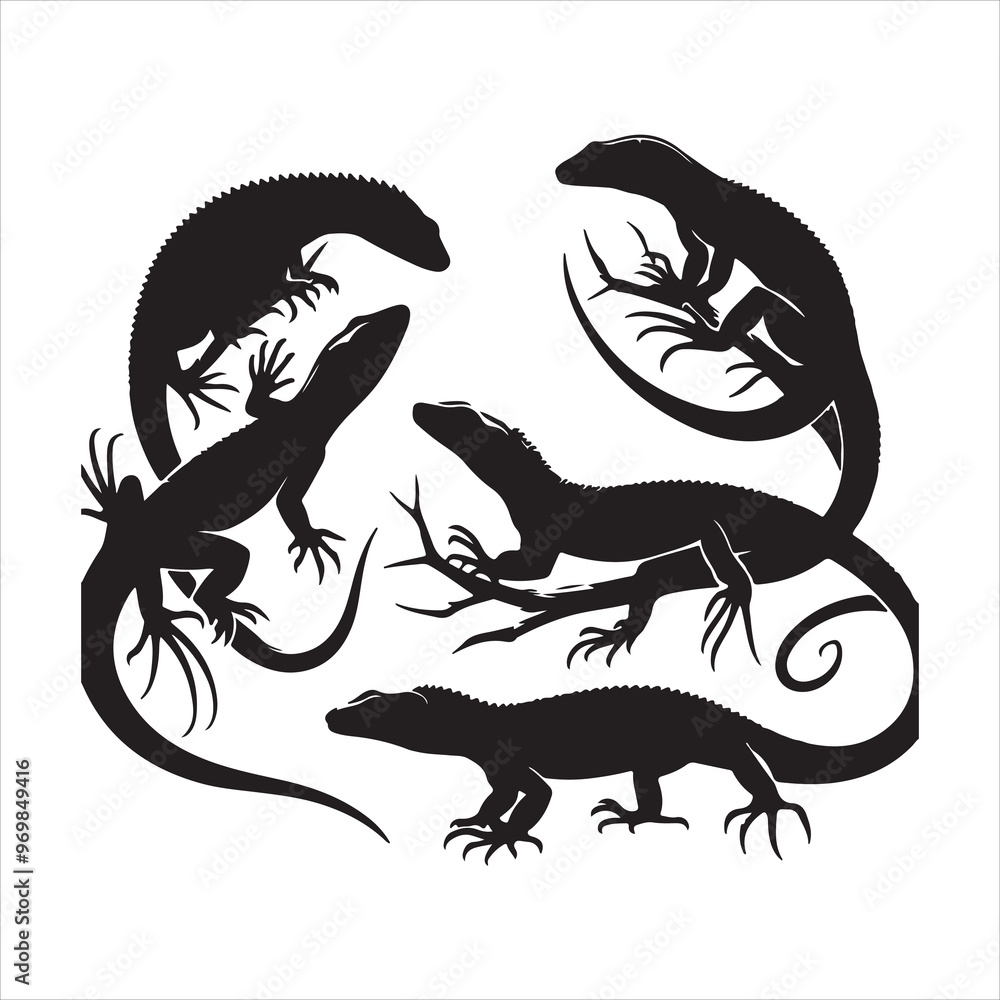 Fototapeta premium set of lizards black silhouette on white background 