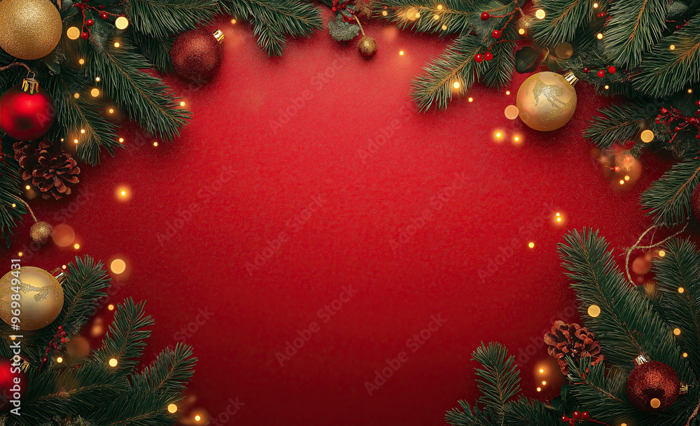 Christmas decorations red fabric textured background with empty space. Christmas concept Christmas decorations red fabric textured background with empty space. Christmas concept