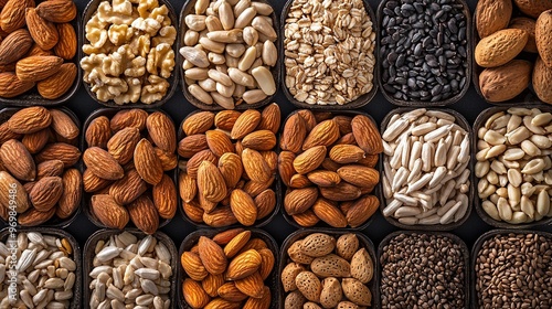   A variety of nuts arranged in a row atop a dark background