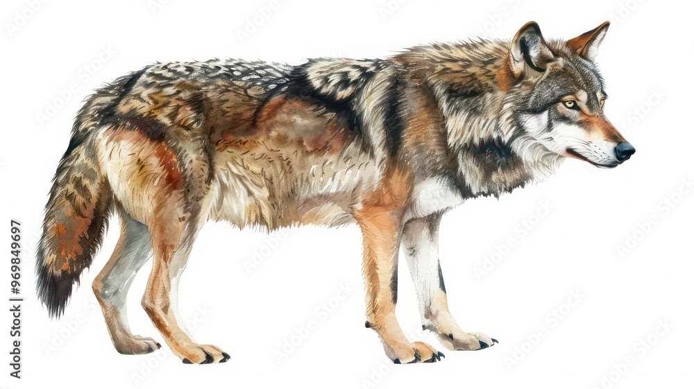 Obraz premium A realistic watercolor painting of a wolf standing on a white background. The wolf is facing to the right, and its fur is a mix of brown, gray, and black.