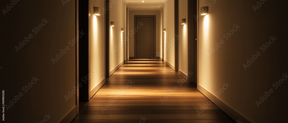 Fototapeta premium A long hallway with a light shining on the floor
