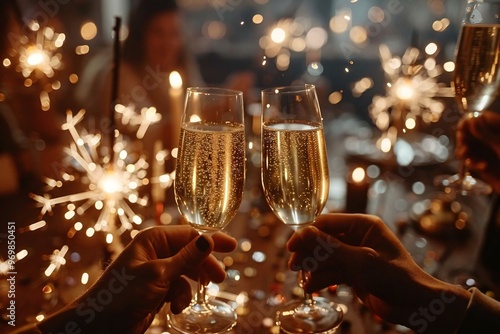 One photo idea for a New Year's Eve photoshoot capturing the excitement and joy of the celebration with fireworks, champaign toasts, and a lively crowd counting down photo