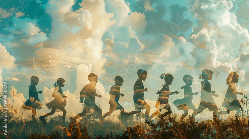 children playing and kids running, blend with sky full of clouds, multiple exposure concept