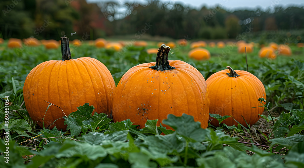 Three Pumpkins in a Field of Green Leaves - Realistic Photo Three Pumpkins in a Field of Green Leaves - Realistic Photo