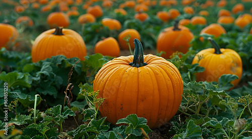 Close-Up of a Ripe Orange Pumpkin in a Field of Pumpkins