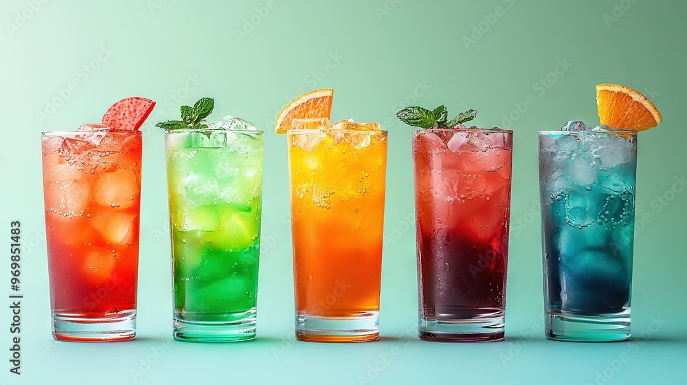 A line of high glasses brimming with varied beverages and adorned with oranges, limes, and watermelon A line of high glasses brimming with varied beverages and adorned with oranges, limes, and watermelon