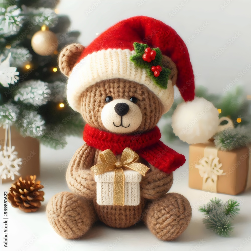 Preparing for the New Year and Christmas. A knitted toy bear in a Santa hat with a gift sits near the Christmas tree. 3D rendering. Preparing for the New Year and Christmas. A knitted toy bear in a Santa hat with a gift sits near the Christmas tree. 3D rendering.