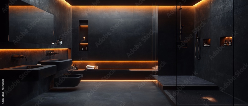 A bathroom with a black tile floor and a black wall A bathroom with a black tile floor and a black wall