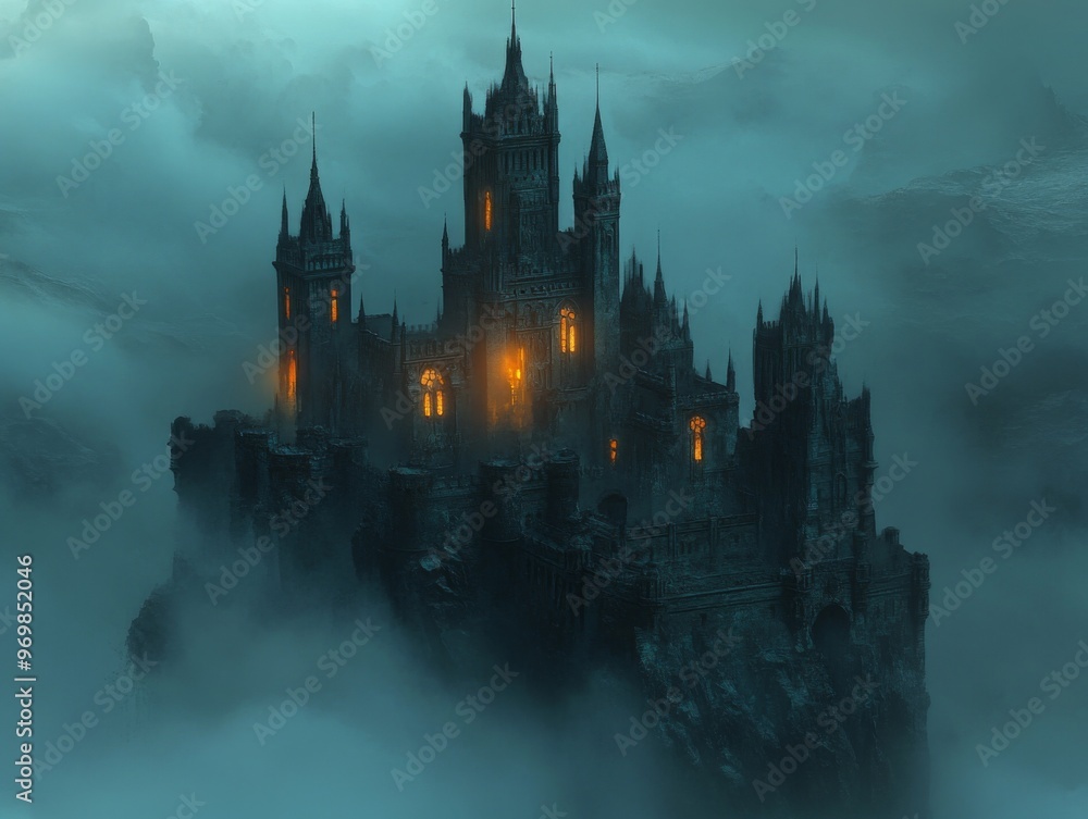 Fototapeta premium A Mystical, Gothic Castle Perched on a Cliff Amidst Fog