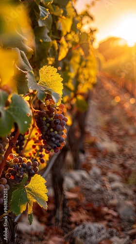 Golden hour in a vineyard during harvest season
