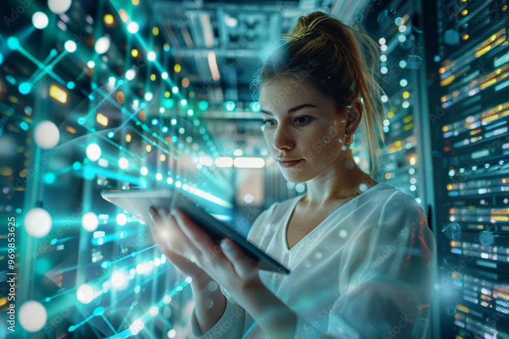 female IT specialist working in a data center, using a tablet for cloud computing visualization. The image captures the high-tech environment where she works, surrounded by servers female IT specialist working in a data center, using a tablet for cloud computing visualization. The image captures the high-tech environment where she works, surrounded by servers