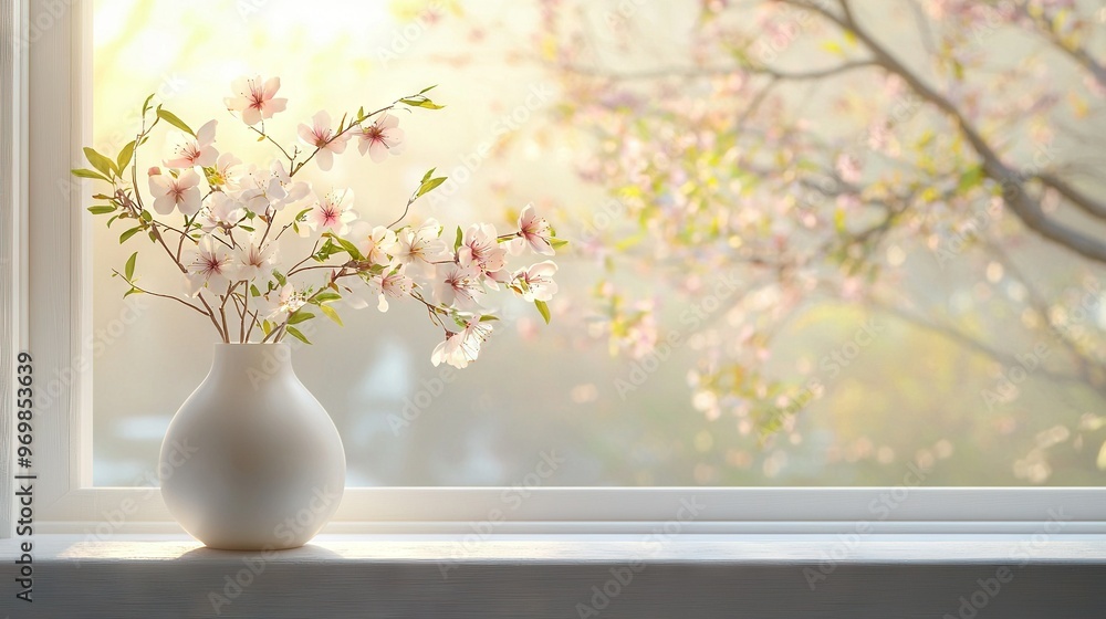 A vase brimming with blossoms sits beside a window sill adorned with a lush tree backdrop A vase brimming with blossoms sits beside a window sill adorned with a lush tree backdrop