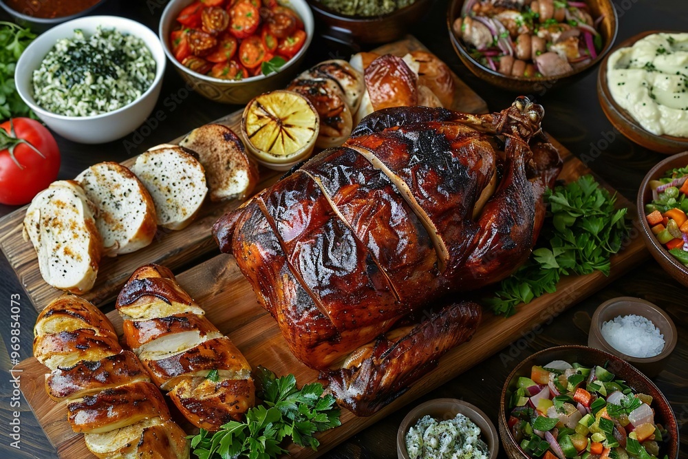 Top down shot of succulent roasted poultry with various side dishes for a delicious dinner spread. Top down shot of succulent roasted poultry with various side dishes for a delicious dinner spread.
