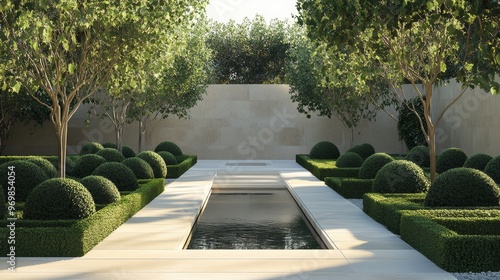 A garden with a stone wall and a small pond