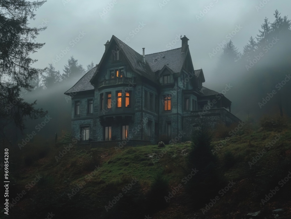 A Stone House in a Foggy Forest with Lights On A Stone House in a Foggy Forest with Lights On