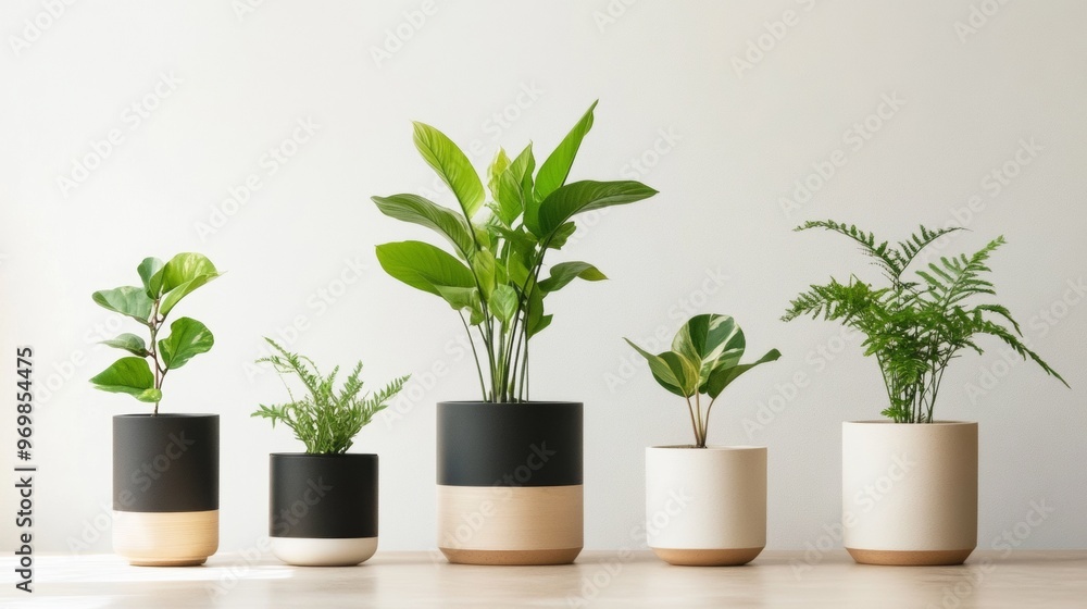 Fototapeta premium A row of potted plants sit on a table, with some of them being tall