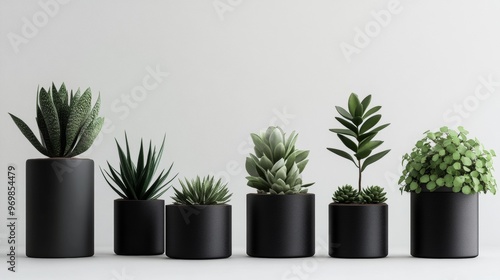 A row of potted plants in black pots are lined up on a white background